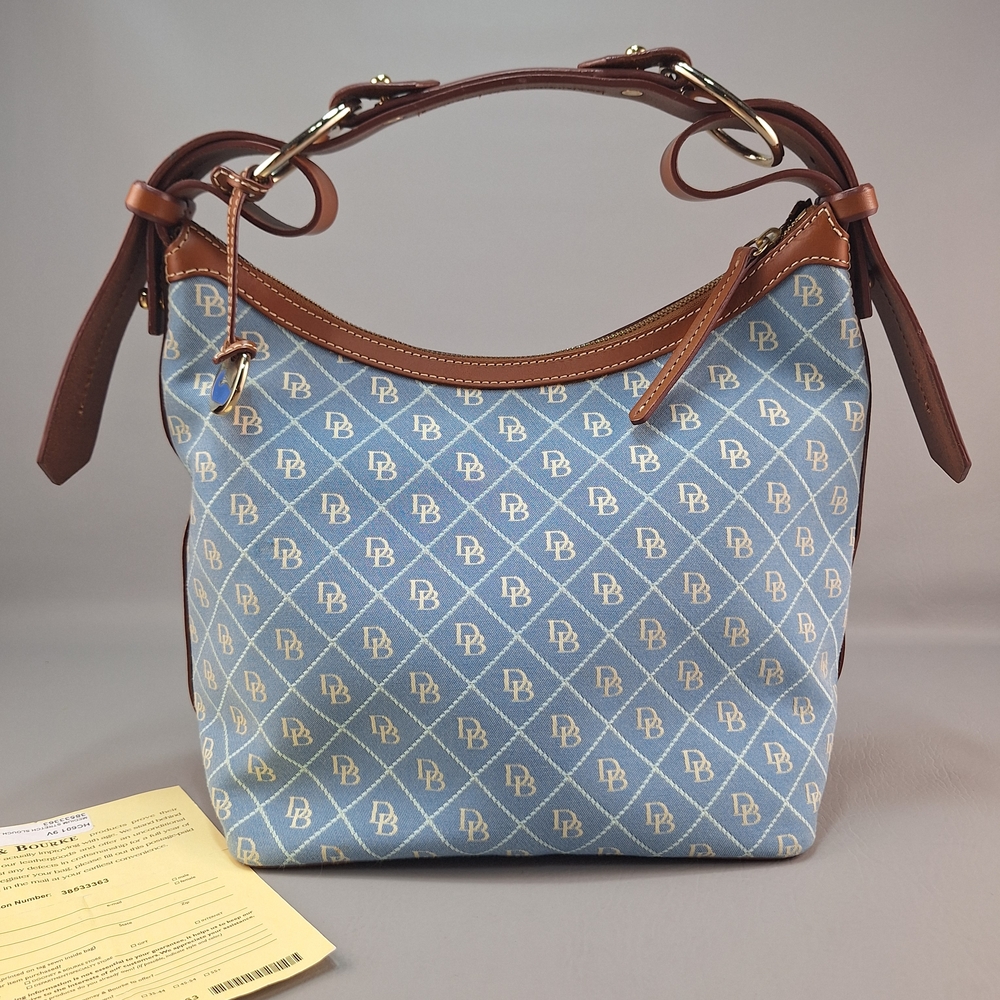 Dooney & Bourke DB Denim Blue Monogram Canvas Leather Hobo Shoulder Bag